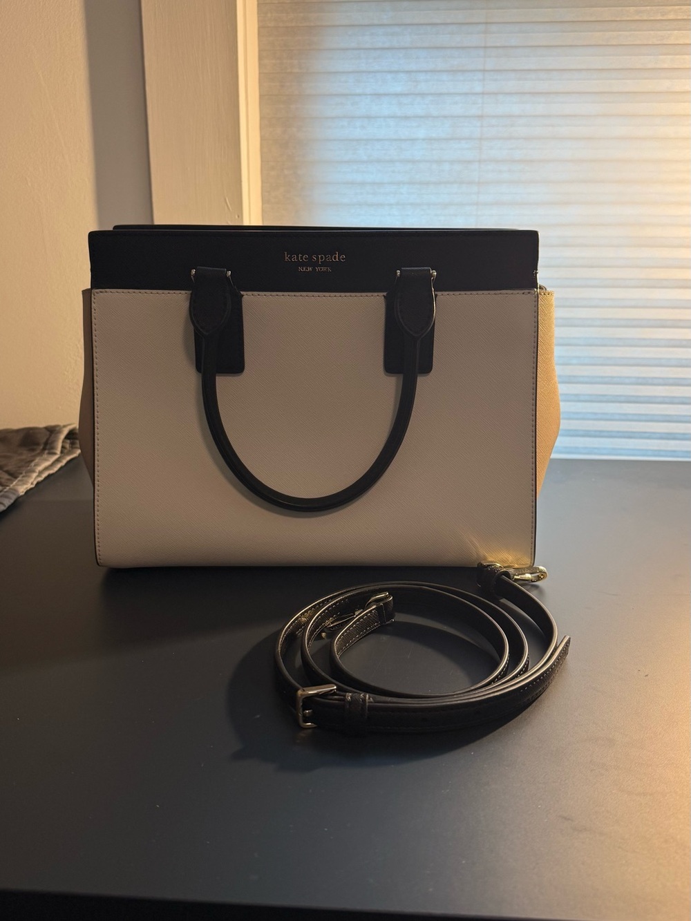 kate spade Madison Two-Tone Leather Satchel in White, Black and Tan